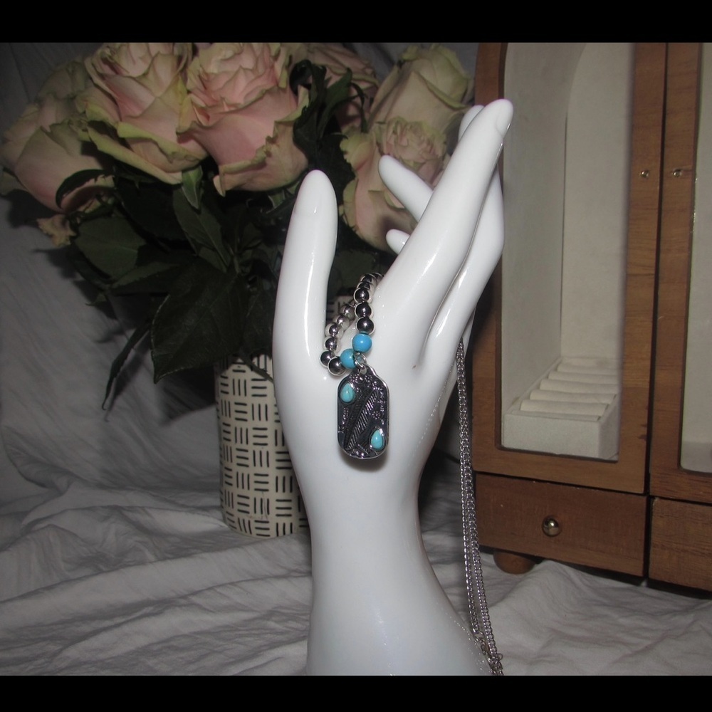 Silver and Turquoise Beaded Necklace - Picture 1 of 4